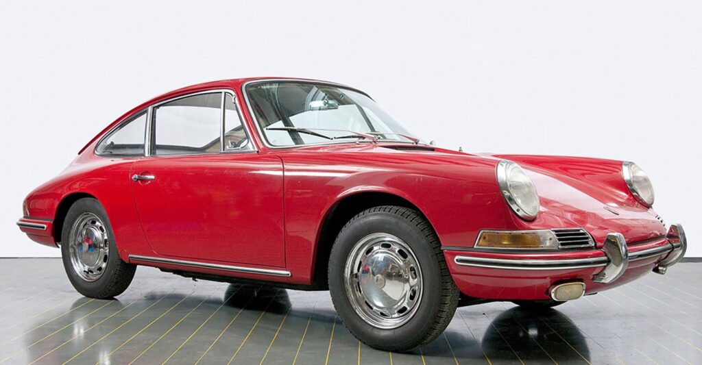 Red Porsche showroom floor