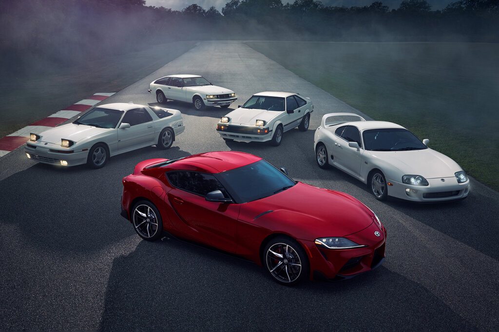various generations of the Toyota supra on a race track