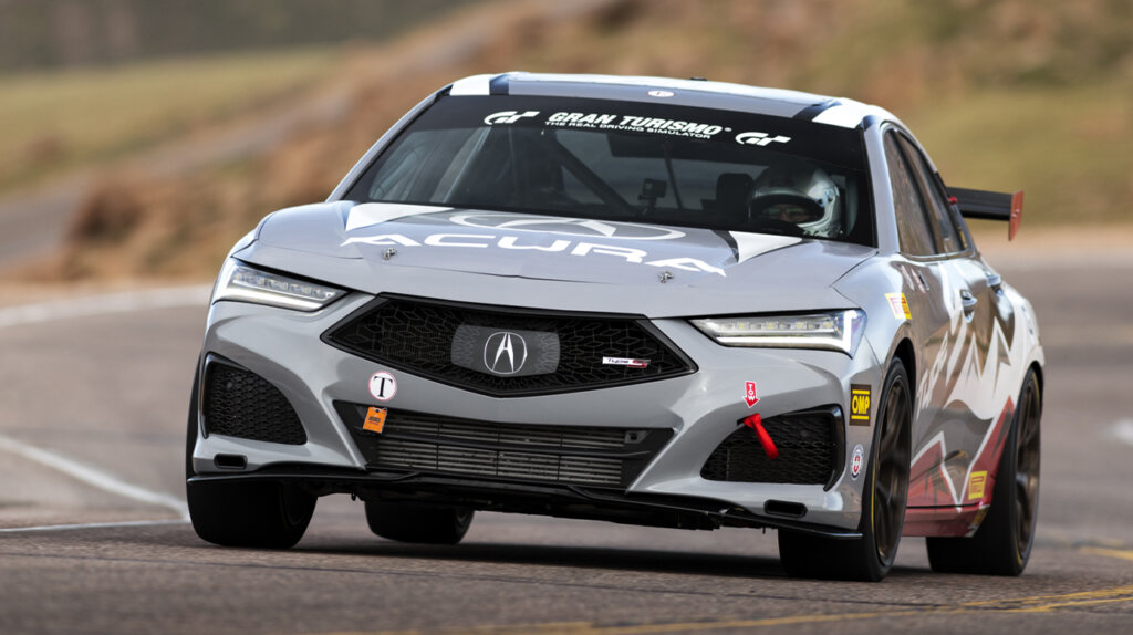 Gray 2023 Acura TLX Type S Pikes Peak exhibition racecar driven by Jordan Guitar