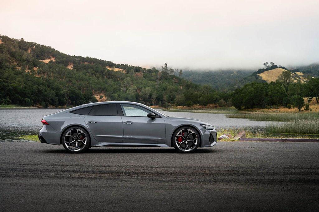 matte grey audi r6 avant next to river