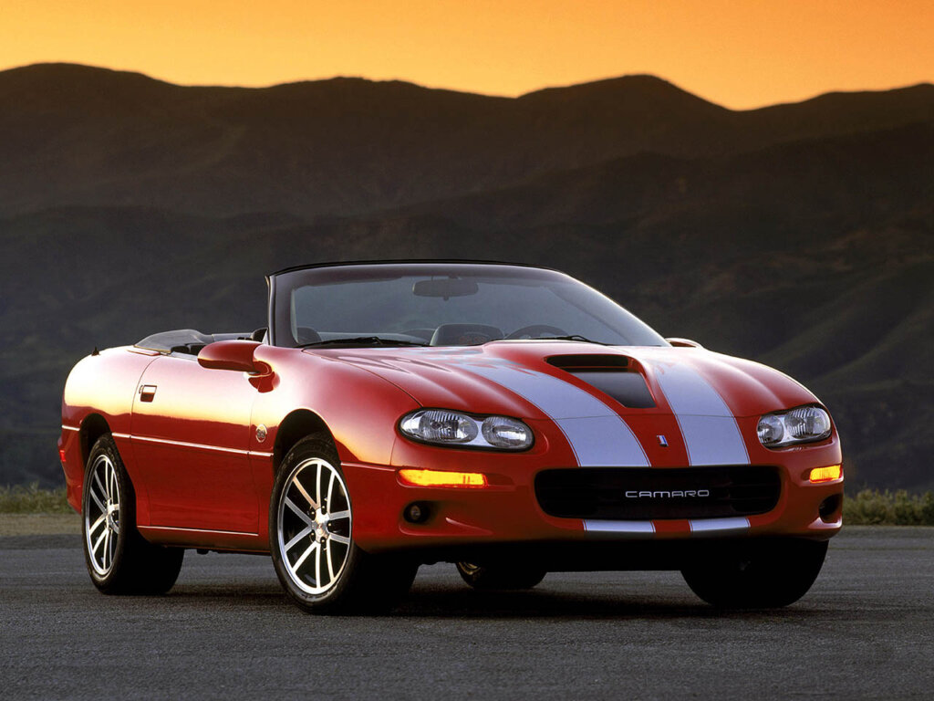 red 2002 chevrolet camaro SS with white racing stripes