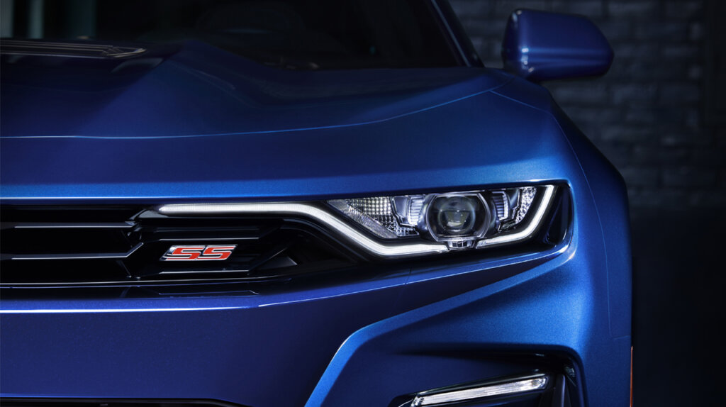 blue 2023 chevy camaro SS badge and headlight