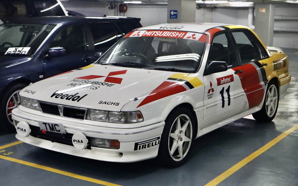 White 1987 Mitsubishi Galant VR-4 rally car