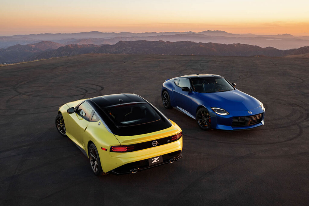 yellow and blue 2023 nissan z in an open runway