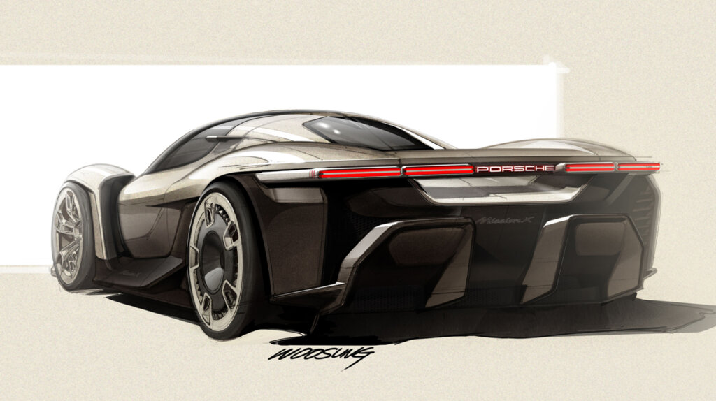 concept art of the rear of the porsche mission x concept car