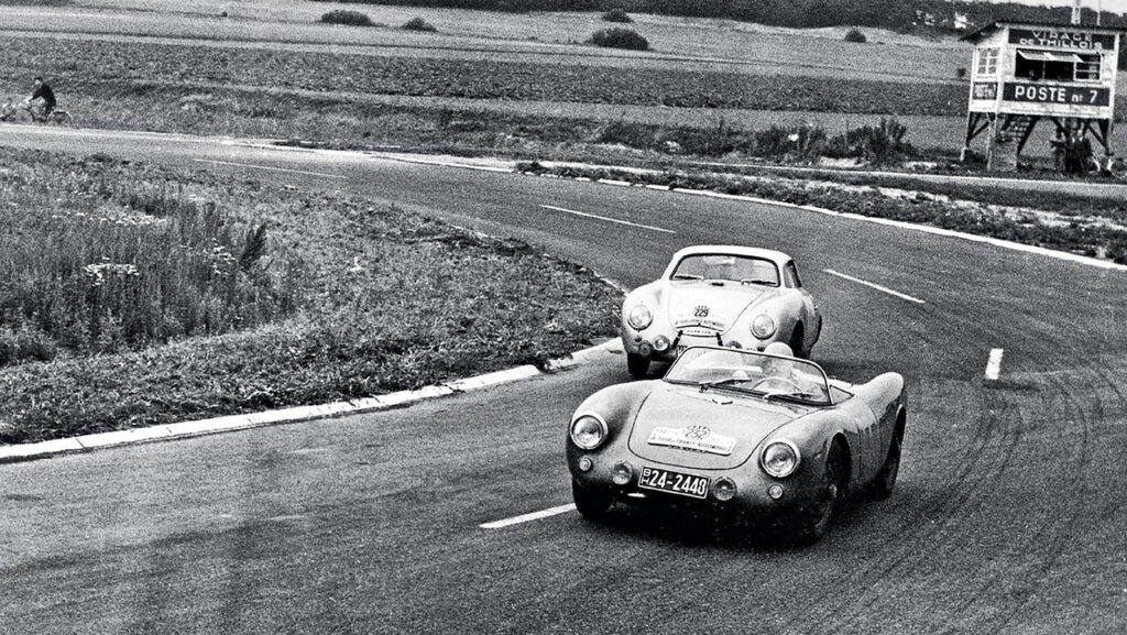 old porsche 550 spyder on a racetrack
