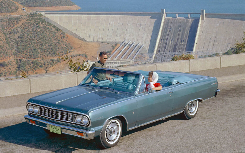 sky blue 1964 chevrolet chevelle malibu SS conv next to a dam