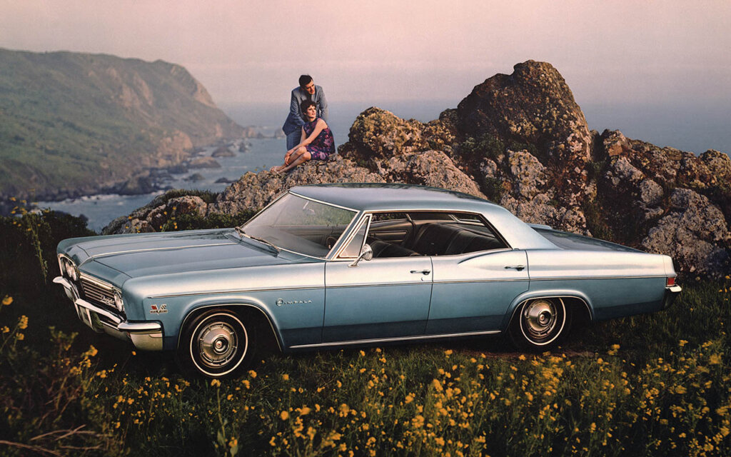 blue 1966 Chevrolet Impala 4dr Sport Sedan on cliff