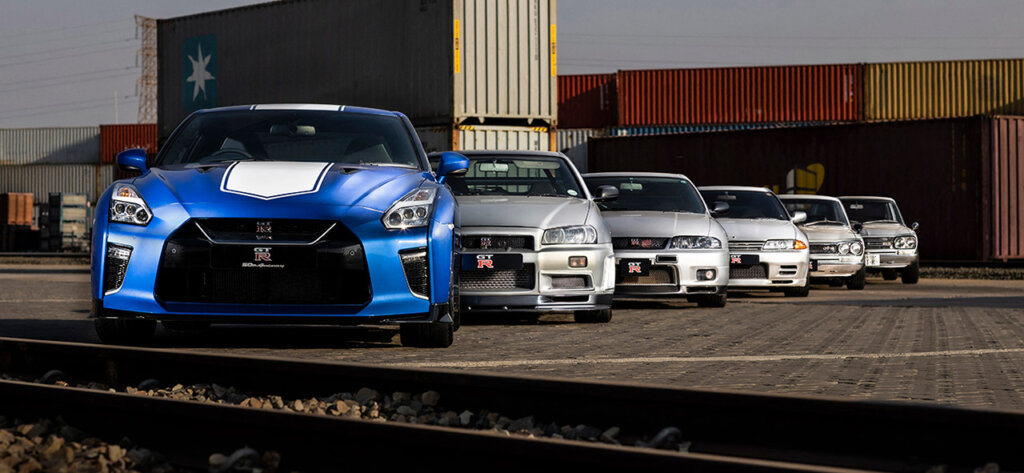 group of skyline GTR models on a pier