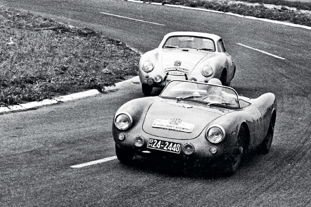 Porsche 550 driving on race track