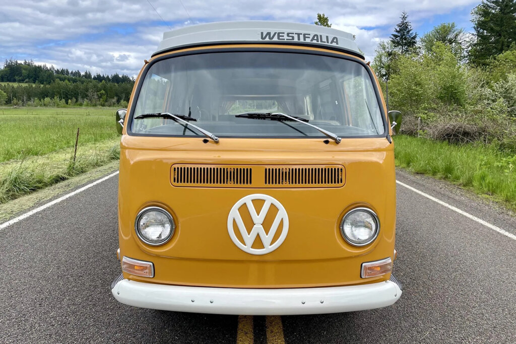 Bay window on a Westfalia VW on road