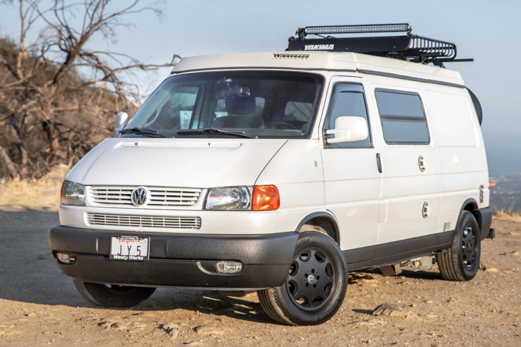 white VW van on cliff
