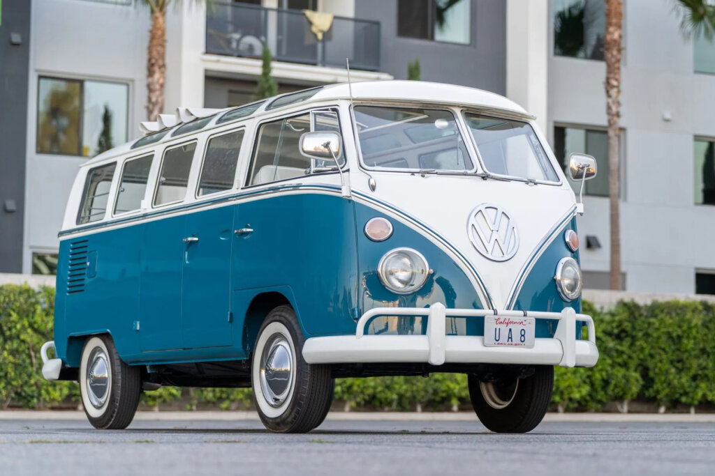 blue and white Samba VW Type 2