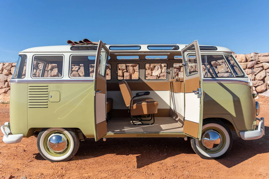 side profile of VW T2 Samba parked on dirt