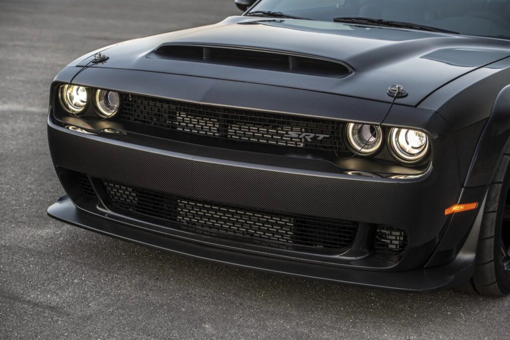 Carbon Fiber dodge demon challenger front headlights both on