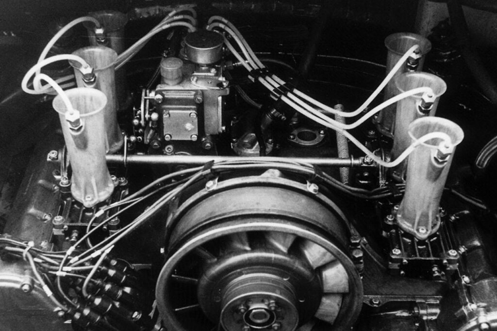 black and white photo of flat six engine