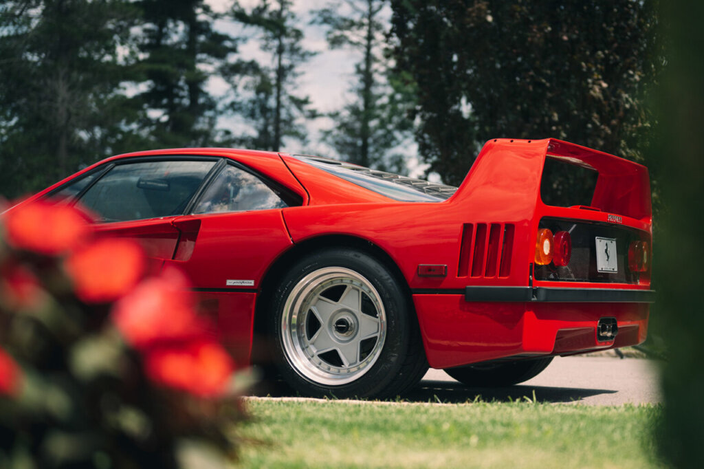 Rear quarter of a red Ferrari with roses and a tree in front of it