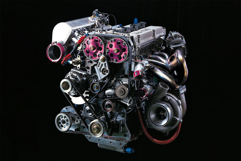 HKS powered 2.3L 3S-GE engine on solid black background