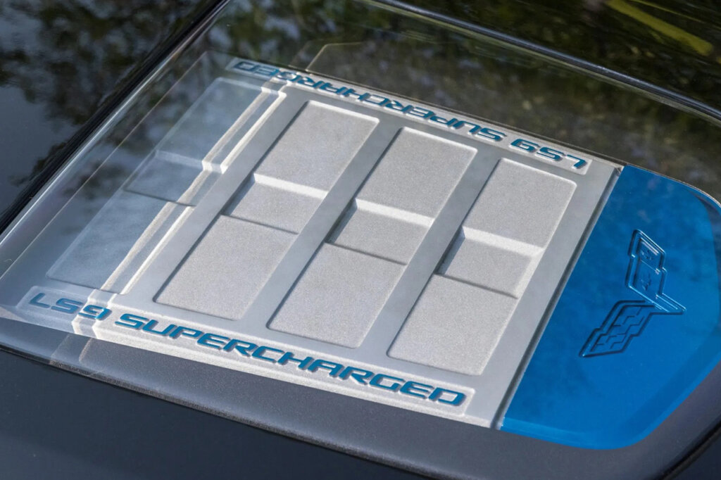 LS9 engine cover under the hood that is showing through the window