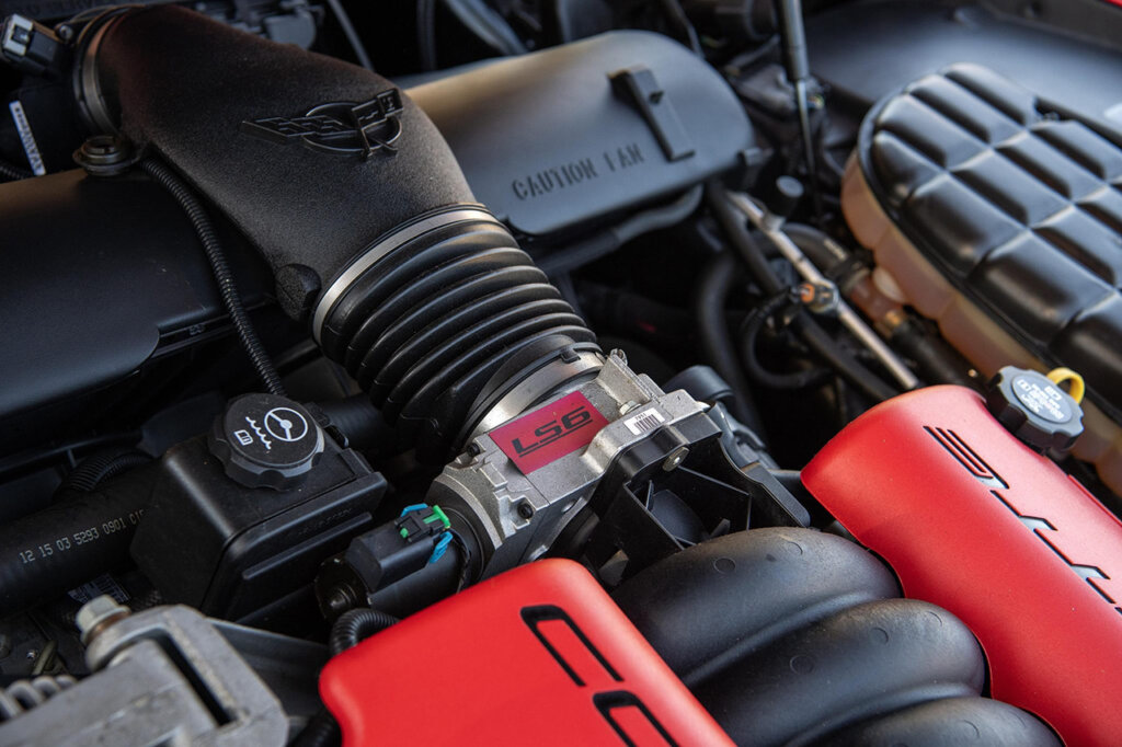 detail shot of LS6 engine, red engine cover