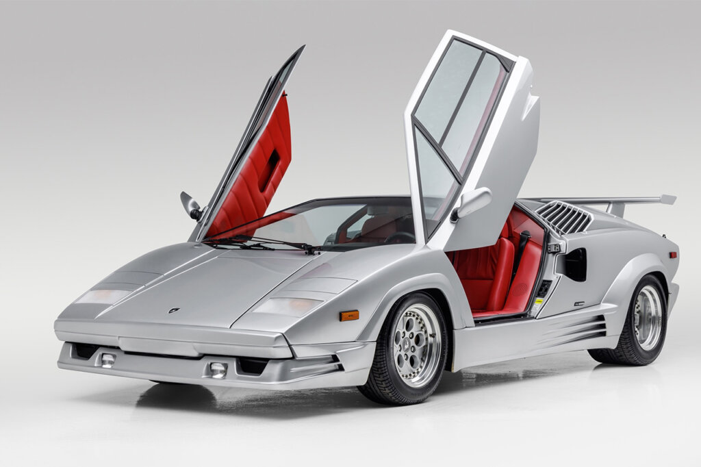 Red interior in the 25th Anniversary Lambo solid grey background