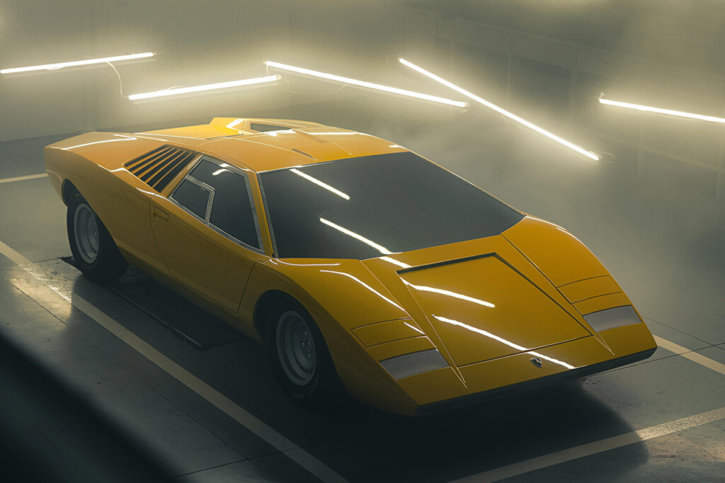 Yellow LP400 in a photo studio with light bars and smoke around it