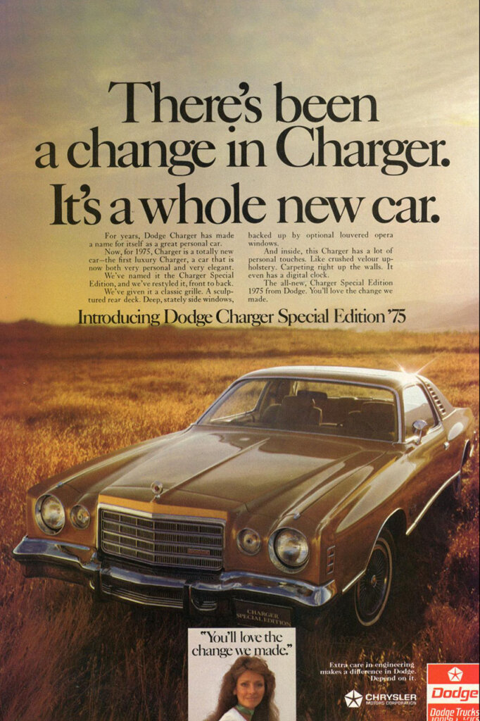 Poster of a Dodge Charger with writing on it and a car on a field