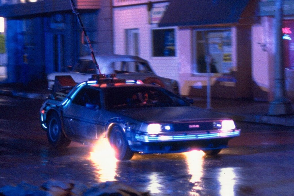 DMC hero car in the film Back to the Future wheels on fire and the set is dark