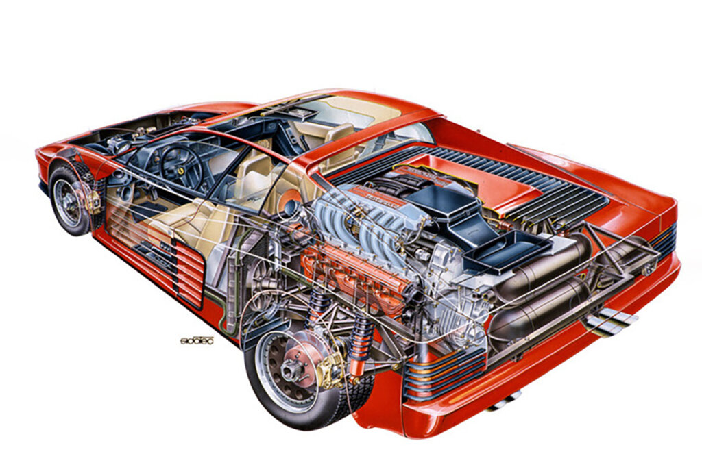 Technical drawing of a Ferrari Testarosso showing internal mechanics and interior layout of the car, drawn on a white background