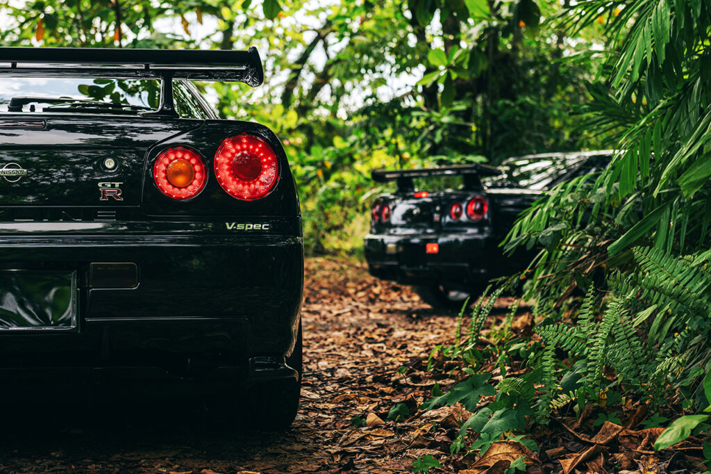 two cars both black with green plants and wood chips