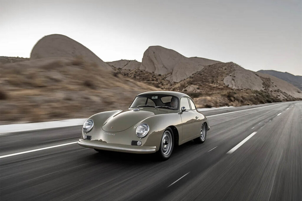 stone gray 1959 custom porsche 356 driving through desert