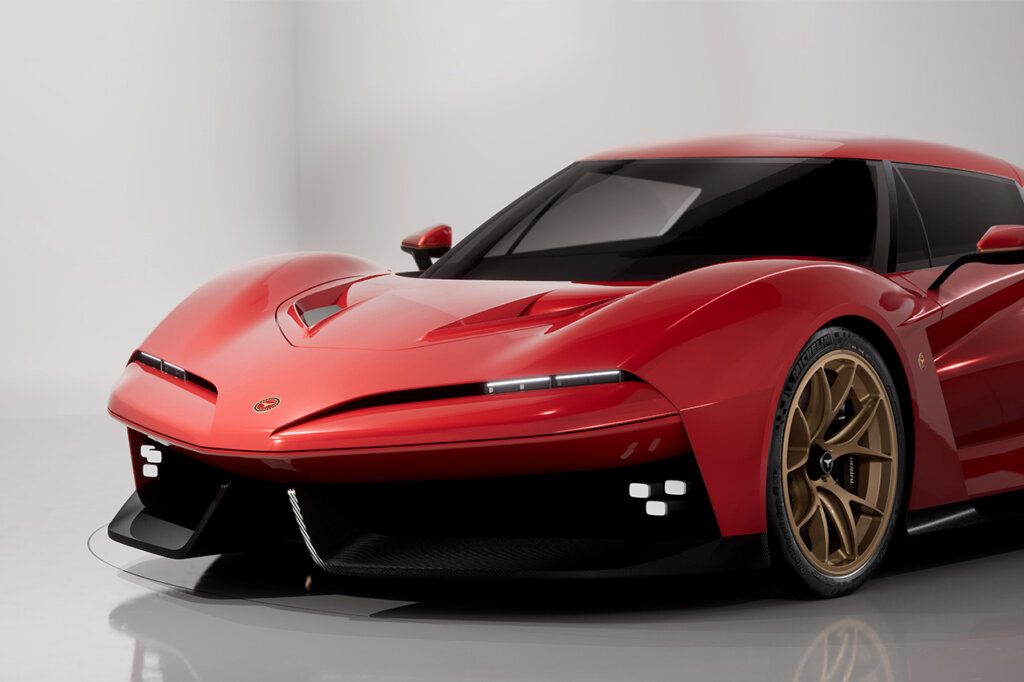 Front end of the Bizzarrini Giotto white walls are behind it with shadows