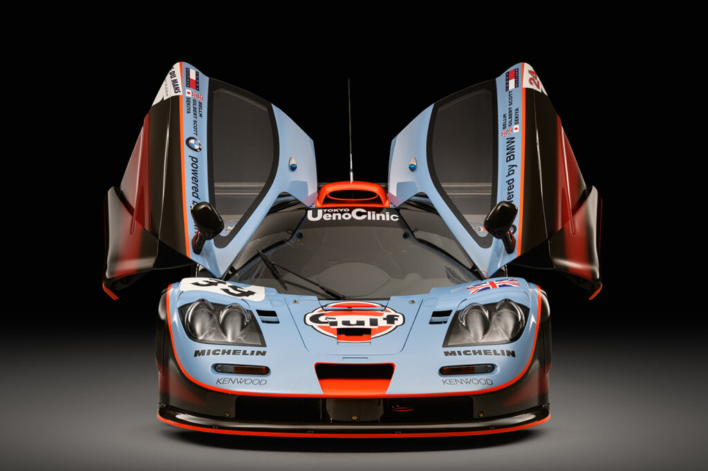 Front view of a McLaren F1 with doors open