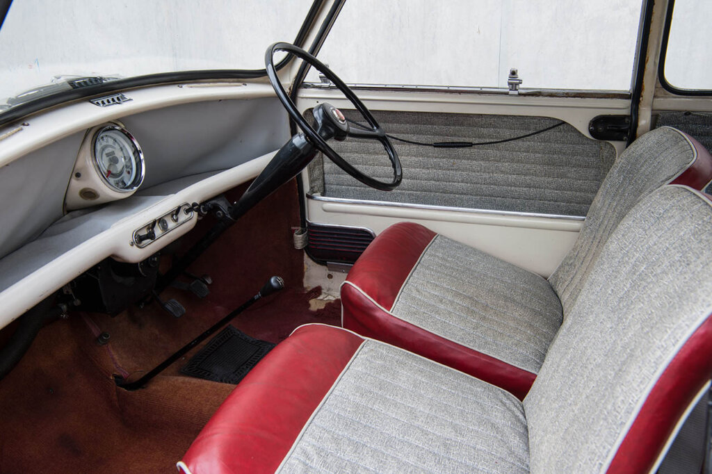 red/white interior of a mini