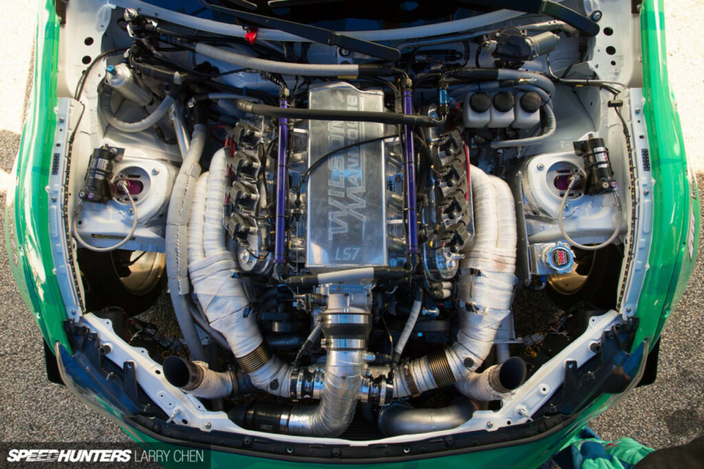 LS7 engine in a teal green Subaru BRZ