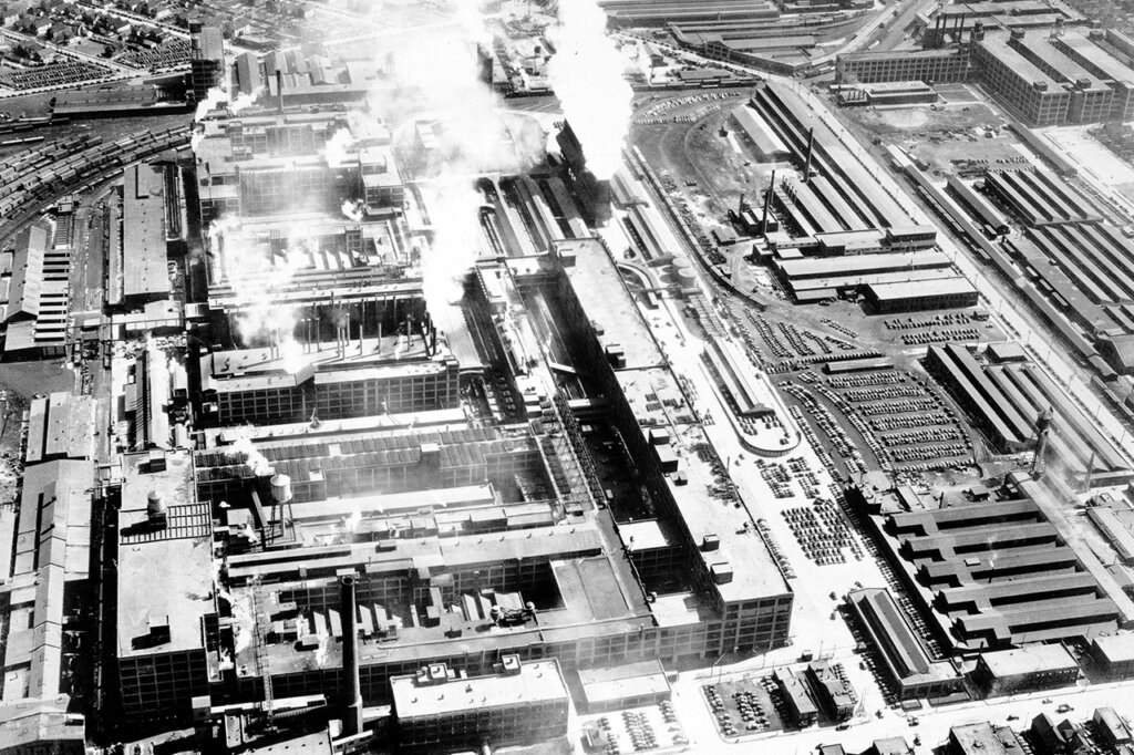Black and white overhead photo of the Dodge Motor Company manufacturing plant in Michigan.