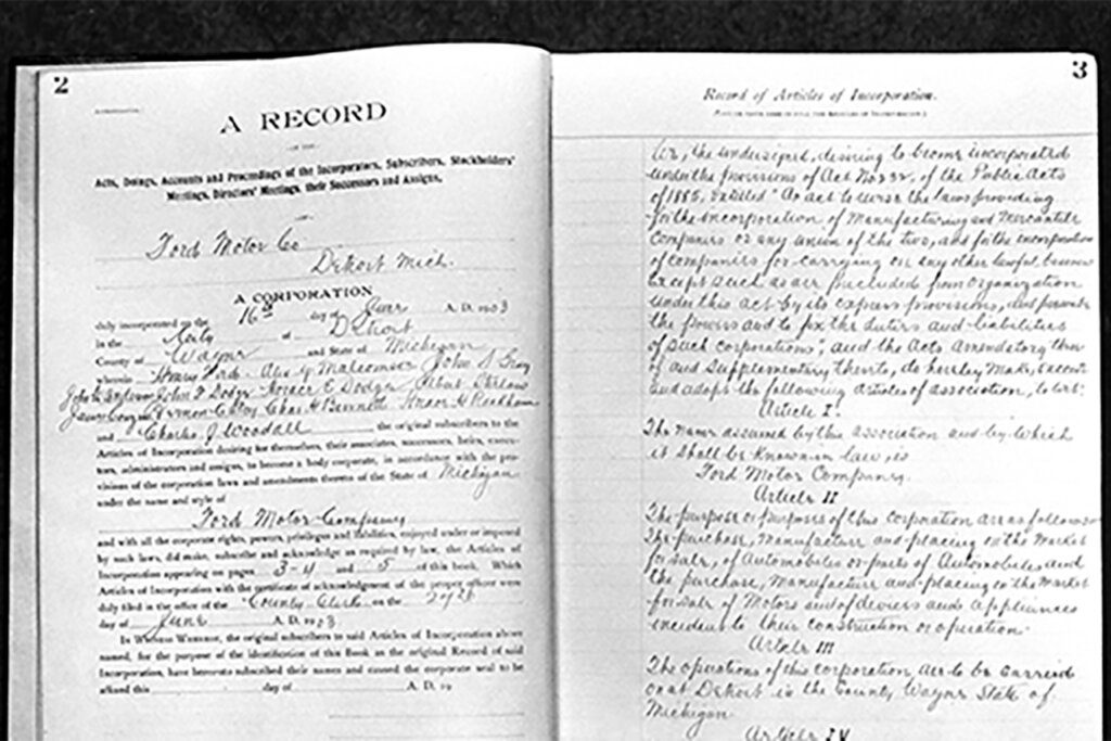 journal with writing on it showing the Ford Motor Company declaring as a business