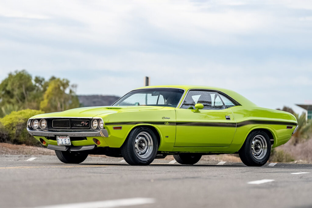 Neon Green Dodge Challenger Pony Car parked at an angle on a road