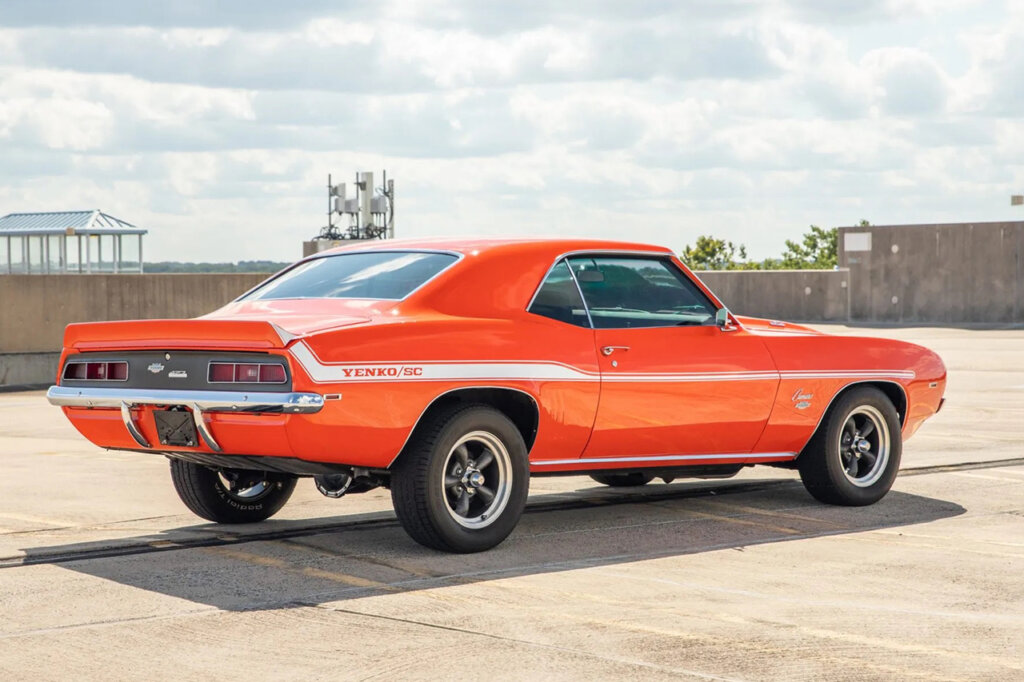 Orange Chevrolet Camaro parked at an angle with the sky in the background