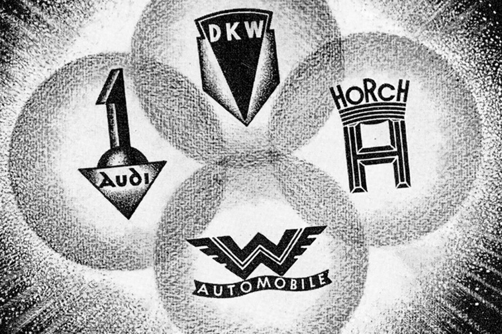 black and white image of four logos in illustrative circles and background