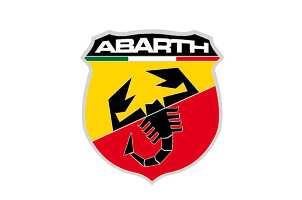 Modern Abarth logo with red and yellow shied with a black scorpion on it