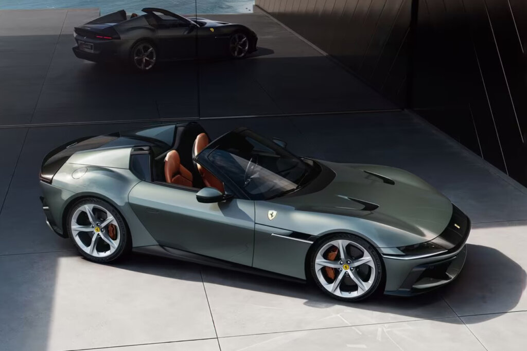 Grey Ferrari 12Cilindri Spyder parked infront of a mirror