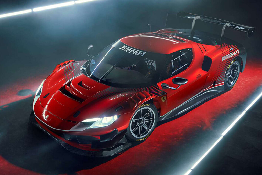 red Ferrari 296 gt racecar in a dark room