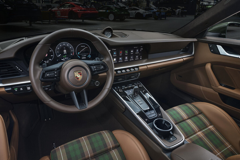 Green and brown custom leather seats and custom interior of a car