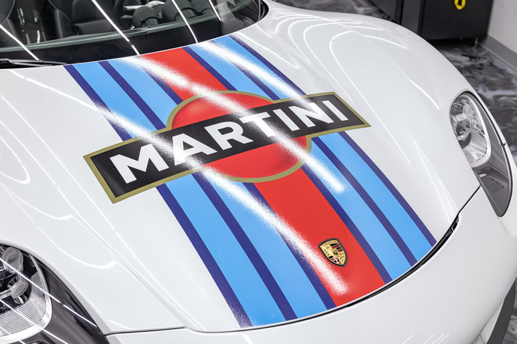 Martini livery on a white car's hood