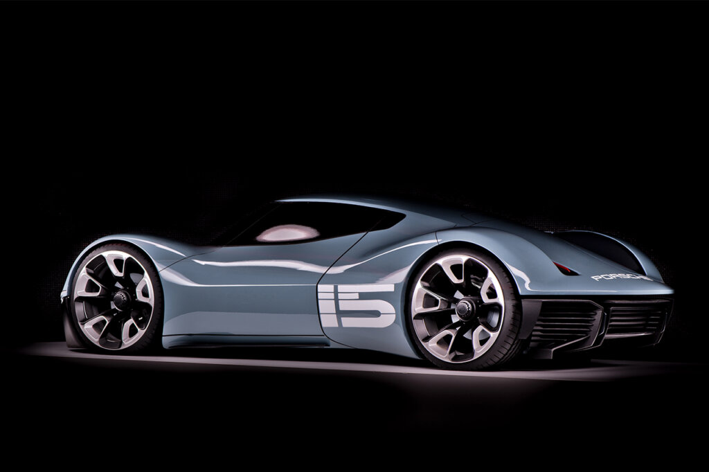 Blue Porsche Vision 916 concept car with the number 15 on the rear quarter under a spotlight with a solid black background.