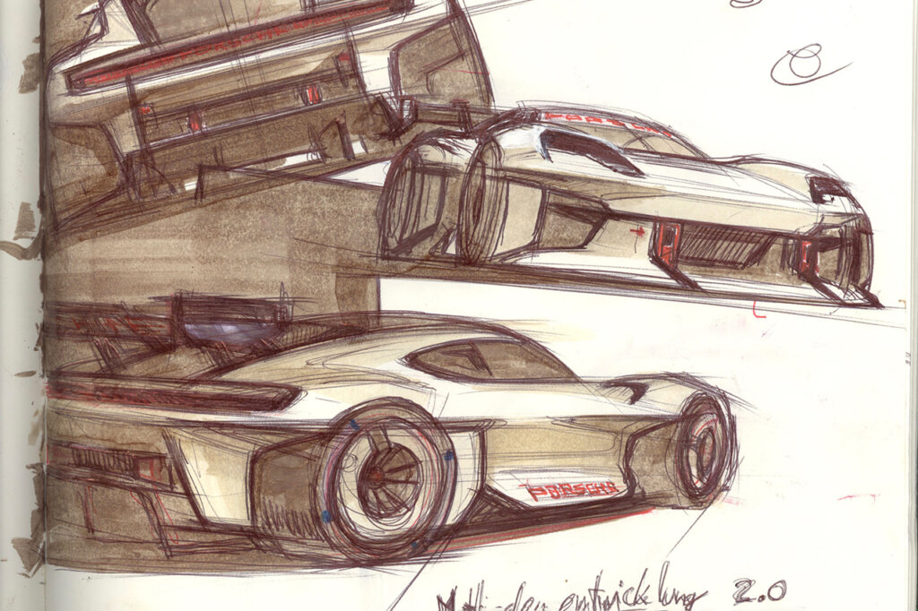 Drawing of a Porsche Mission R concept car with different angles stacked on another drawn on a white background.