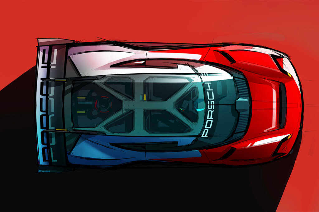 Red and white Porsche Mission R concept car drawing in landscape perspective with a red background.
