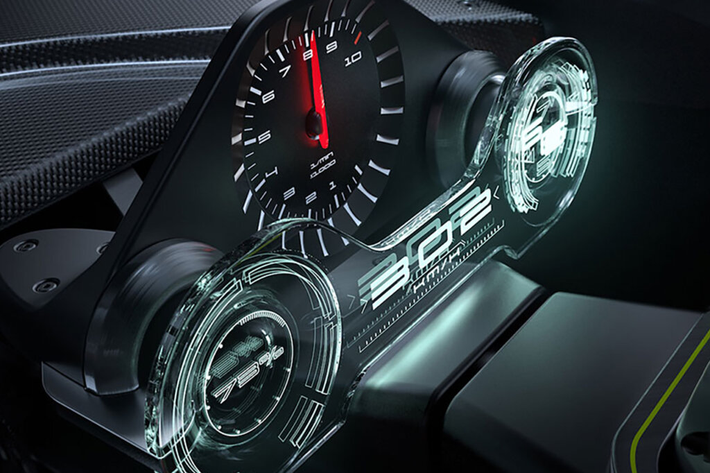 Concept art of a digital dashboard showing dials, instruments & numbers