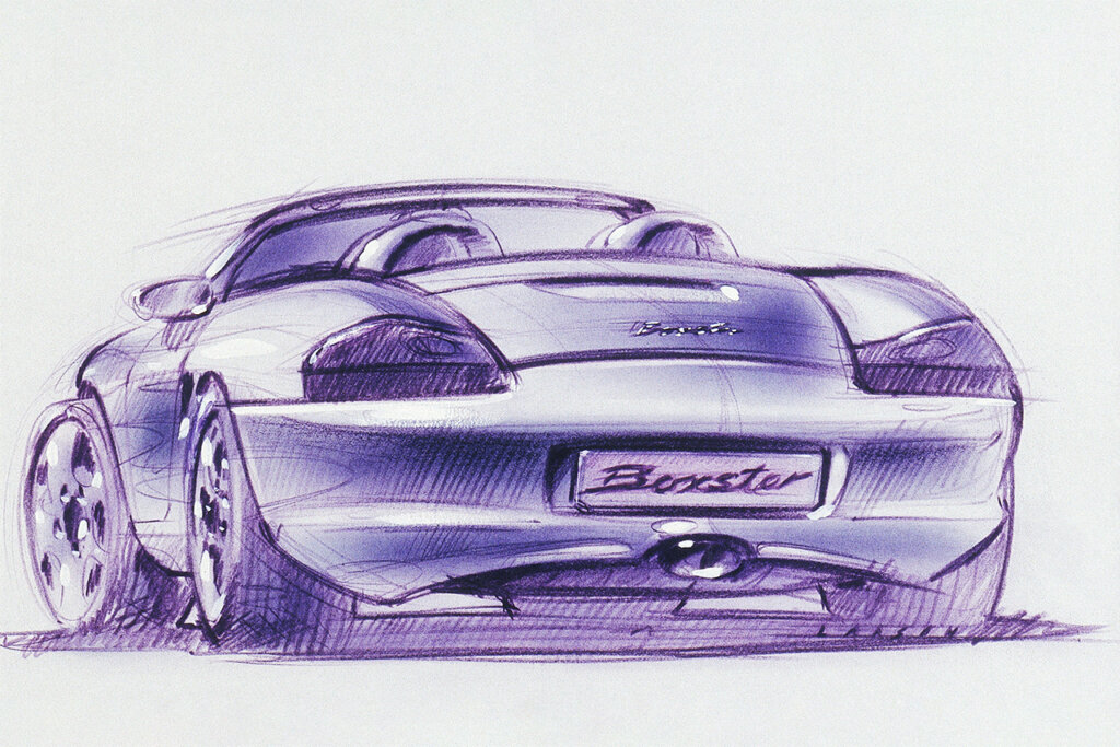 Drawing of a Porsche Boxster drawn in a purple color on a white background